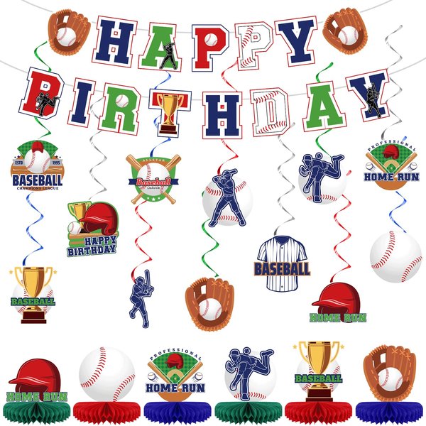 44 Pcs Baseball Party Decorations Happy Birthday Banner Sports Theme Hanging Swirls and Honeycomb Centerpieces Baseball Birthday and Gameday Celebration Decors for Kids Boys Baby Shower Party Supplies