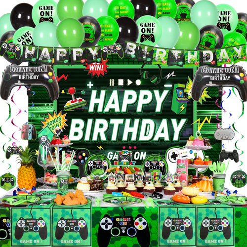 VOFGODI Video Game Birthday Decorations, 254 Pcs Green Gaming Party Supplies for Serves 10 Guests Birthday Themes for Boys