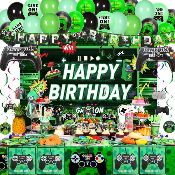VOFGODI Video Game Birthday Decorations, 254 Pcs Green Gaming Party Supplies for Serves 10 Guests Birthday Themes for Boys