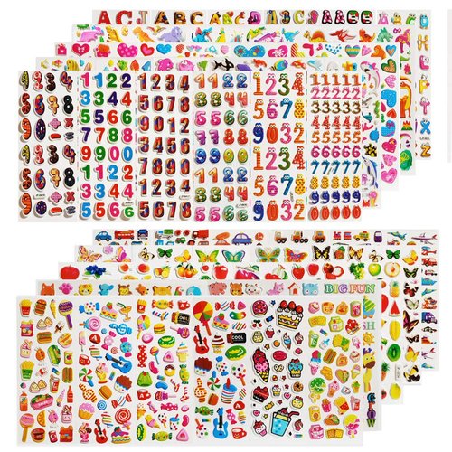60 Sheets (1800+) Stickers for Kids, CNYMANY 3D Puffy Stickers for Scrapbooking Bullet Journal, Including Letter Fish Vehicle Number Heart Fruit Dinosaur Butterfly Dessert Animal