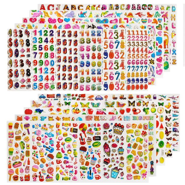 60 Sheets (1800+) Stickers for Kids, CNYMANY 3D Puffy Stickers for Scrapbooking Bullet Journal, Including Letter Fish Vehicle Number Heart Fruit Dinosaur Butterfly Dessert Animal
