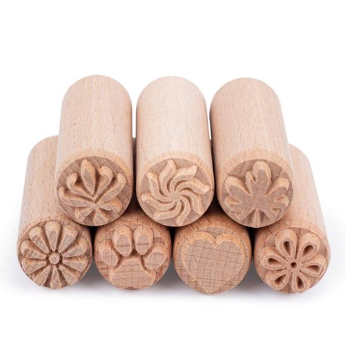 OLYCRAFT 7PCS 2x0.8 Inch Wood Pottery Tools Stamps Clay Stamps Column Wooden Stamps Natural Wood Stamps with Mixed Patterns Round Pottery Stamps Wooden Pottery Stamp for Clay and Ceramic