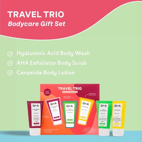 Q+A Travel Trio Body Care Giftset, containing a Hyaluronic Acid Body Wash, AHA Exfoliator Body Scrub, and a Ceramide Body Lotion, each item 50ml
