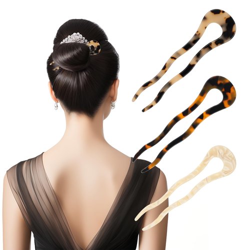3 PCS French Hair Forks Tortoise Shell Vintage U Shaped Hair Pin Fork Classic 2 Prong Bun Hair Sticks Acetate Updo Chignon For Women Girls Thick Long Hairstyle Accessories