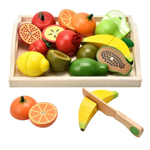 CARLORBO Wooden Toys for 2 Year Old - Pretend Play Food Set for Kids Play Kitchen,9 Cuttable Toy Fruit and Veg with Wooden Knif and Tray,Gift Idea for Boys Girls Birthday