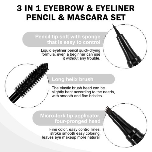 Boobeen 3 in 1 Eye Makeup Set with Liquid Eyeliner Pen, Microblading Eyebrow Pencil and Volume Mascara for Eyelashes, Quick-dry Waterproof Formula, Long Lasting Smudge-proof All Day Natural Eye Look