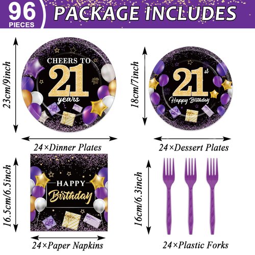gisgfim 96Pcs Purple 21st Birthday Decorations Purple Black Paper Plates and Napkins Disposable Cheer to 21 Years Tableware Dinnerware for Birthday Party Supplies Table Decor Favors Girl Boy Serves 24