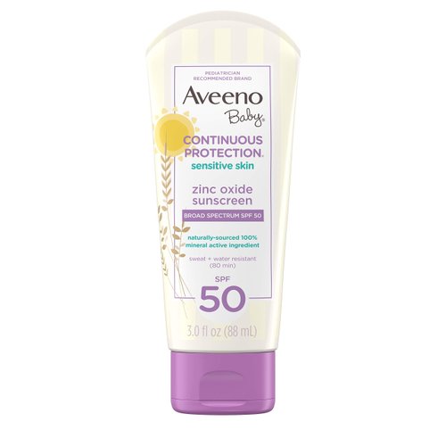 Aveeno Baby Continuous Protection Zinc Oxide Mineral Sunscreen Lotion for Sensitive Skin with Broad Spectrum SPF 50, Tear-Free, Sweat- & Water-Resistant, Travel-Size, 3 fl. Oz