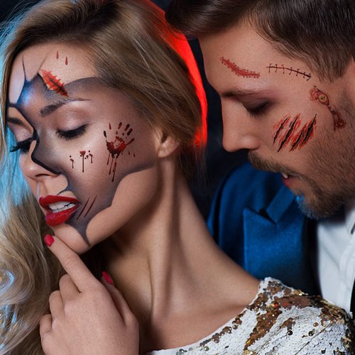 30 Sheets Halloween Temporary Tattoos Zombie Tattoos Fake Scars with Fake Blood Waterproof Fake Bloody Wound Stitch Scar Scab Zombie Makeup Halloween Party Cosplay