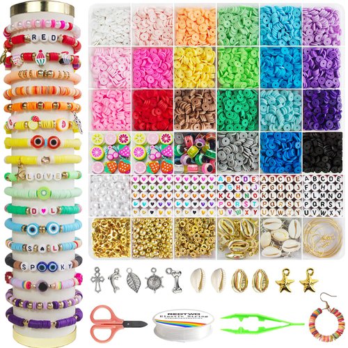 Redtwo 6200 Pcs Clay Beads Bracelet Making Kit, Flat Round Polymer Heishi Friendship Bracelet Jewelry Kit with Charms and Elastic Strings for Girls 8-12 Gifts for Kids