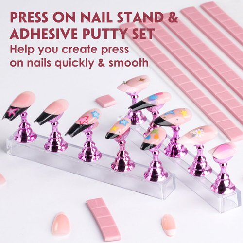 BORNBYME Nail Practice Stand Kit for Press on Nails, 10 Pink Acrylic Magnetic Practice Stands Fake Nail Tip Holders with 96 PCS Reusable Adhesive 1Big Base Stand for Nail Tech