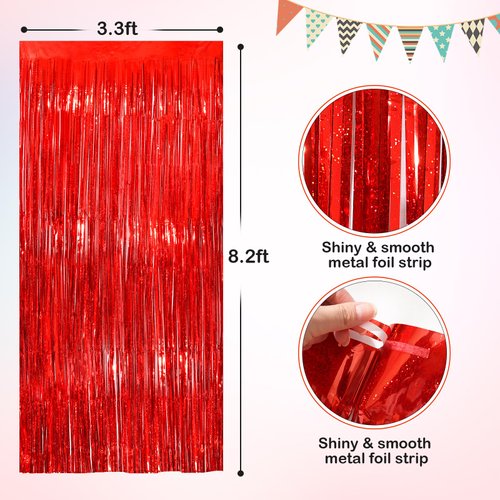 Red Metallic Tinsel Foil Fringe Curtains, 2 Pack 3.3x8.3 Feet Party Streamer for Birthday Party Decorations, Halloween Decor, Foil Curtain for Bachelorette Party