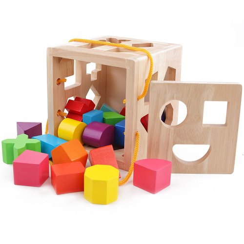QZMTOY Shape Sorter Toys with 19 Shape Blocks,Shape Sorting Cube Toy Box Classic Wooden Toys for Toddlers Kids,Gift for Girls Boys 2-4(Natural Solid Wood)