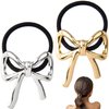 HINZIC 2Pcs Bow Hair Ties Gold Silver Bowknot Hair Scrunchies Elastics Metal Ponytail Holder Christmas Valentines Hair Accessories for Women Teen Long Thick Thin Curly Hair