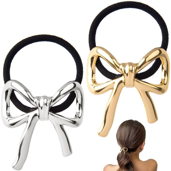 HINZIC 2Pcs Bow Hair Ties Gold Silver Bowknot Hair Scrunchies Elastics Metal Ponytail Holder Christmas Valentines Hair Accessories for Women Teen Long Thick Thin Curly Hair