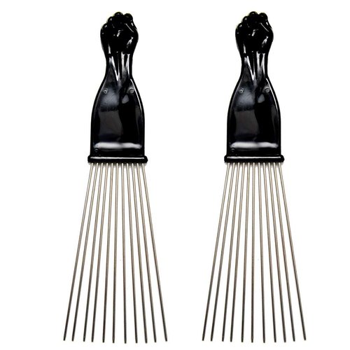 Luxxii (2 Pack) 9" Black Fist Metal Afro Pick Lift Hair Comb Detangle Wig Braid Hair Man Styling Comb