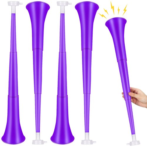 Outus 4 Pieces Collapsible Stadium Horn 24 Inch Vuvuzela Plastic Trumpet Horn Blow Horn Noisemakers for Sporting Events Graduation Games School Sports Party Supplies Favors Accessories (Purple)