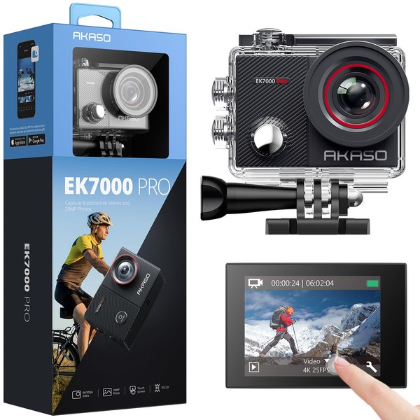 AKASO EK7000 Pro 4K30fps Action Camera with Touch Screen EIS 131ft Waterproof Camera Remote Control 5X Zoom Underwater Camera with Helmet Accessories Kit