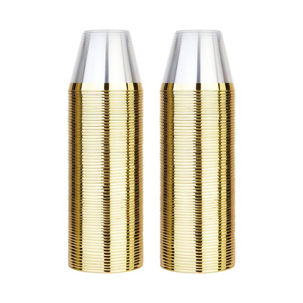 YOUTHSHIP 100 Pcs Clear Plastic Cups with Gold Rim, Premium 9 Oz Disposable Plastic Party Cups, Hard Plastic Drinking Cups for Party and Wedding