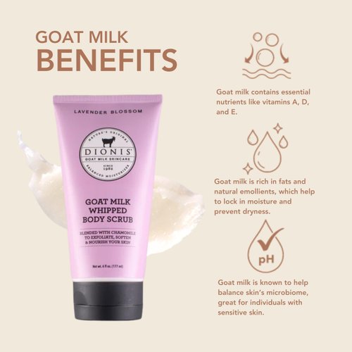 Dionis Goat Milk Skincare Scented Whipped Body Scrubs (6 oz) - Intensely Hydrating and Softens Skin, Made in the USA, Cruelty free, Paraben free (Lavender Blossom)