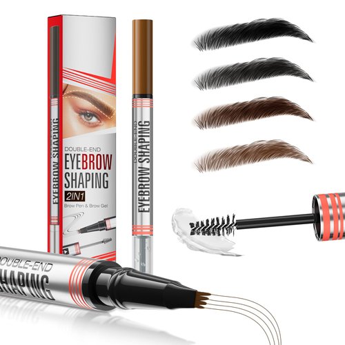Microblading Eyebrow Pencil and Sealing Eyebrow Gel, 2-in-1 Dual-ended Eyebrow Pen 4-Prong Micro-Fork Tip Applicator Brow Pencil Waterproof Stay on All-day Makeup for Natural Eyebrow, Light Brown