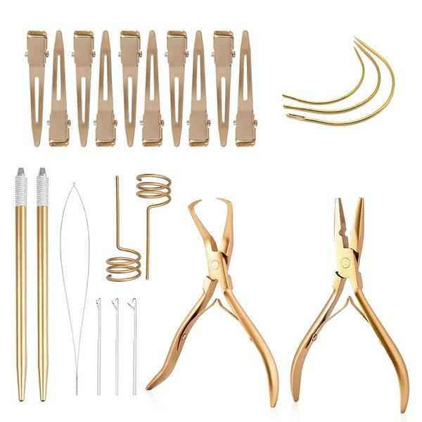 Glamordove Hair Extension Tool Kit Stainless Steel Pliers Micro Beads Remover Hook Looper Hair Gripper Sectioning Clips Wefting Sewing Salon Barber Accessories (Gold)