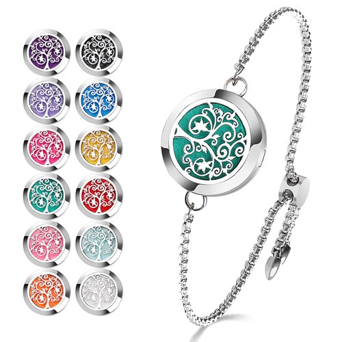 ttstar Essential Oil Diffuser Bracelet Stainless Steel Aromatherapy Locket Adjustable Diffuser Bracelet with 24pcs Refill Pads in 12 Colors Gift Set for Women Girls Mother's Day Christma(Tree of Hope)
