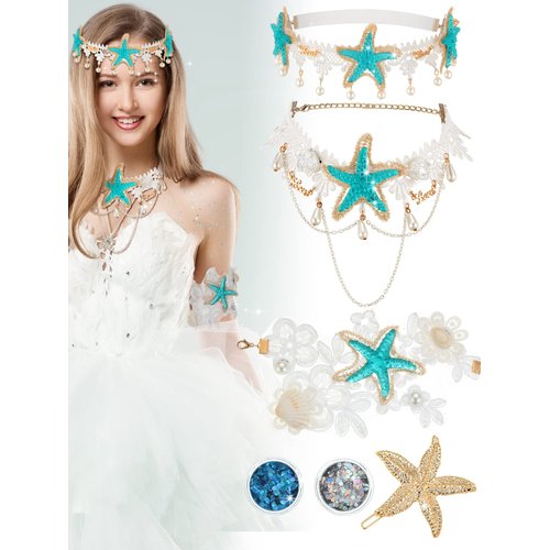 Dingion Halloween Costume Accessories - Mermaid Hair Accessories Set With Starfish Shell Headband, Necklace, Arm Bracelet and Hair Clip