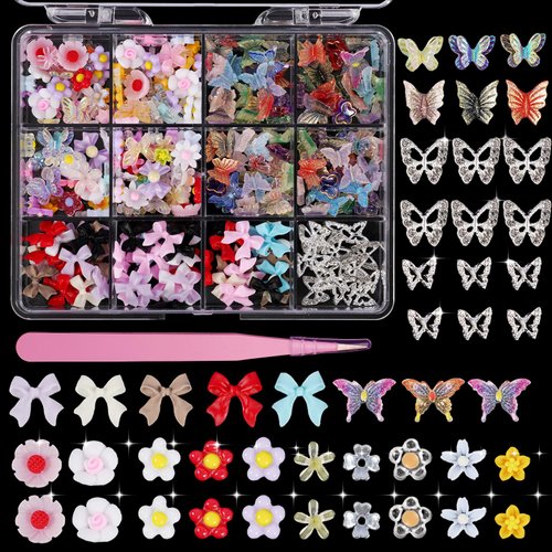 3D Bow Butterfly Flowers Nail Charms, Alloy Silver Butterfly Nail Charms with Rhinestones Gems, Colorful Variety Charms for Acrylic Nail Art Manicure DIY Crafts Jewel Accessories