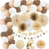 Brown Beige Birthday Party Decorations Paper Fans Cream Brown Birthday Decorations White Brown and Beige Balloon Garland Kit Boho Birthday Party Decorations for Women Girls with Birthday Cake Topper