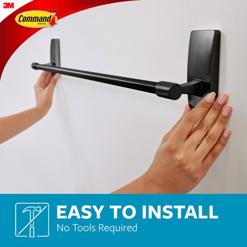 Command Bath Matte Black Towel Bar with Water Resistant Command Strips, Bathroom Organizer, 24 in Bar Length Holds up to 10 lbs