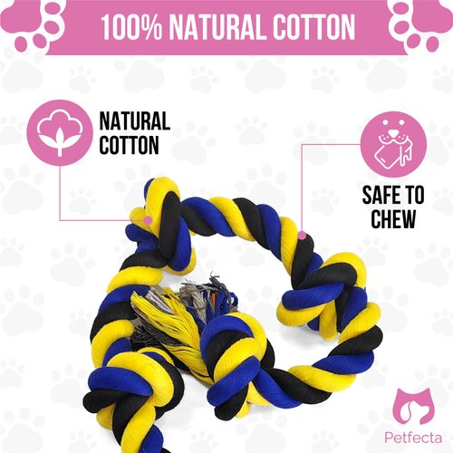 Petfecta- Dog Toys for Aggressive Chewers, Extra Long Durable Dog Toy, Natural Cotton, Promotes Dental Health, Indestructible Dog Chew Toys, Ideal for Indoor & Outdoor Play, Yellow & Blue Colors