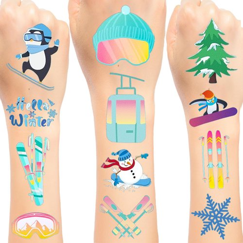 16 Sheets Skiing Temporary Tattoos Winter Party Favors Ski Enthusiast Decor, Gymnastics and Skate...