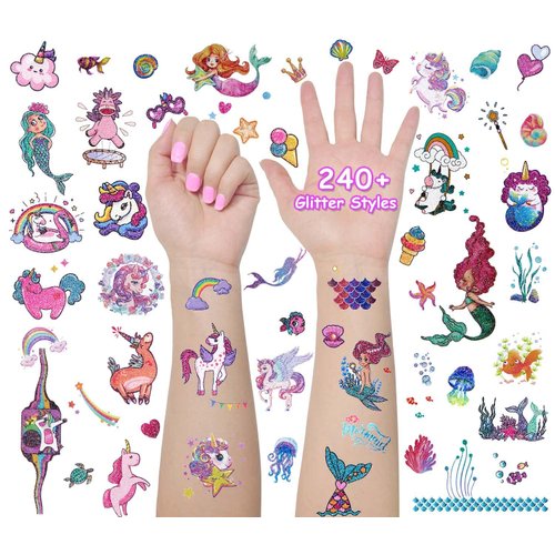 Glitter Unicorn Temporary Tattoos for Kids, 24 Sheets Waterproof Mermaid Tattoos Stickers 240+Pcs, Girls Gifts Birthday Party Baby Shower Favor Supplies, Goodie Bags Fillers & Classroom Exchange
