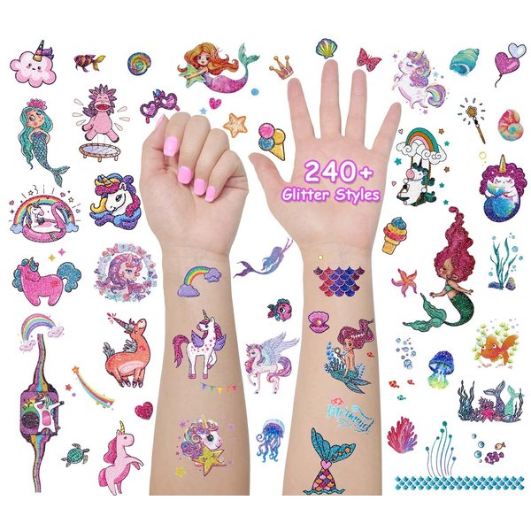 Glitter Unicorn Temporary Tattoos for Kids, 24 Sheets Waterproof Mermaid Tattoos Stickers 240+Pcs, Girls Gifts Birthday Party Baby Shower Favor Supplies, Goodie Bags Fillers & Classroom Exchange