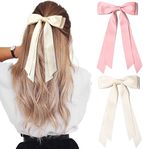 2PCS Silky Satin Hair Bows Hair Clip Beige Pink Hair Ribbon Ponytail Holder Accessories Slides Metal Clips Hair Bow for Women Girls Toddlers Teens Kids