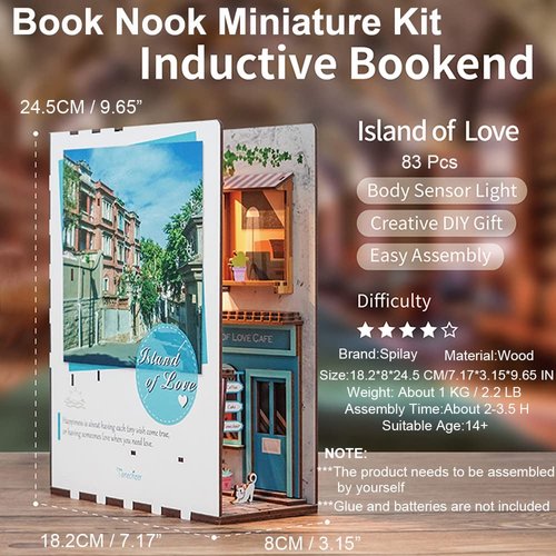 Spilay DIY Dollhouse Miniature Book Nook Assemble Kit,3D Wooden Puzzle Bookshelf Insert Decor with Sensor Light,Bookends Model Build-Creativity Kit for Adults Women Birthday Gift (Island of Love)