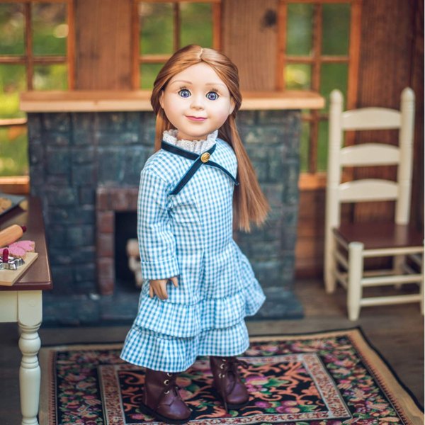 THE QUEEN'S TREASURES 18 Inch Doll Clothes, Little House on The Prairie Authentic Laura & Mary Ingalls Blue Check Dress Outfit, Compatible for Use with American Girl Dolls
