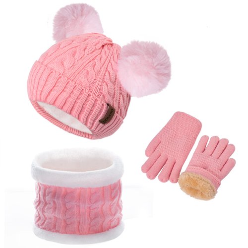 Kids Winter Hats Gloves Scarf Set for Girls Toddler Beanie Baby Neck Warmer Warm Thick Fleece Lining Thermal Pink Knit Cap with Cute Pom Pom for 6-10 Years Old, Gifts for Childrens