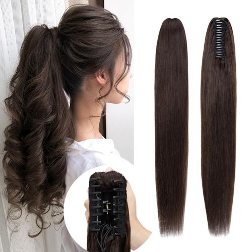 Rich Choices Claw Clip Ponytail Extension Human Hair Real Hair Ponytail Extension Balayage Dark Brown 16 Inch 105g One Piece Clip In Long Ponytail Hair Extensions Straight For Women #2
