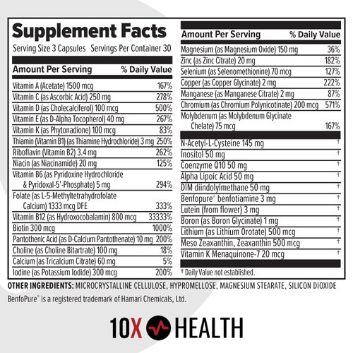 10X Health Optimize Methylated Multivitamin for Men & Women - 34 in 1 Formula with 800 mcg of Vitamin B12, Vitamin E, 5-MTHF, B Complex, NAC, Magnesium & Zinc Multivitamins - 90 Capsules