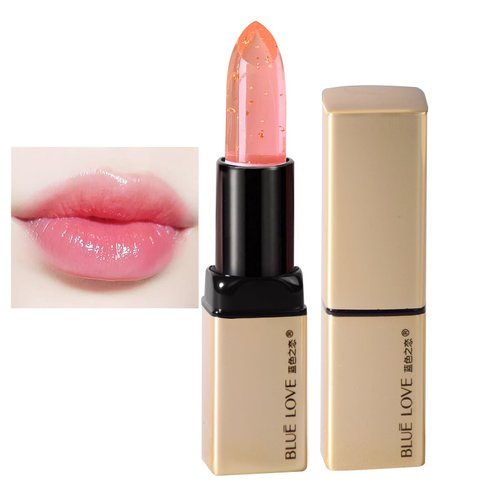 BLUE LOVE Gold Foil Color Changing Lipstick, Crystal Jelly Lipstick, Long Lasting Nutritious Lip Balm Lips Moisturizer Temperature Color Change Lip Gloss Clear Color Jelly Lipstick (Golden)