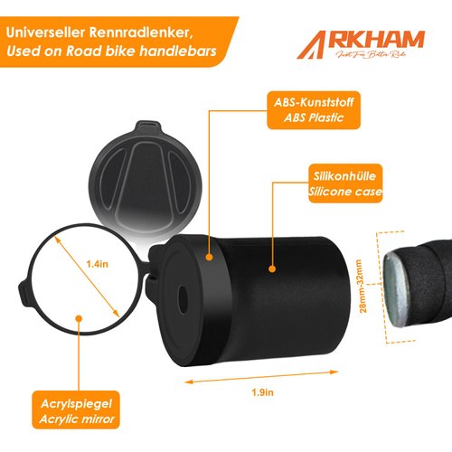 Arkham Bicycle Mirror for Handlebars, Mini Rear View Mirror, Foldable, Rubber Mounting Sleeve for Handlebars, Handlebar Tail Mirror, 360° Rotatable Universal Bicycle Mirror for Road Bike