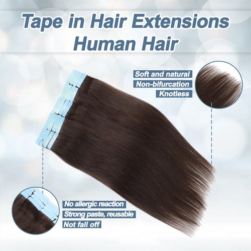 Tape in Hair Extensions Human Hair 100% Remy Hair 20pcs 50g/Pack Straight Seamless Invisible Skin Weft Extensions Easy to Apply and Style (#2 Dark Brown, 18 Inch)