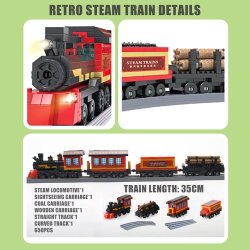 Train Building Blocks Sets STEM Model Toys Building Mini Bricks Kits with Train Tracks DIY Construction Educational Gift 578pieces for 8+ Kids (Steam)