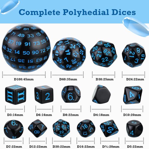 15 Pieces Complete Polyhedral Dice Set D3-D100 Spherical RPG Dice Set in Opaque Black, 100 Sides Dice Set for Role Playing Table Games Party Supplies (Black and Blue)