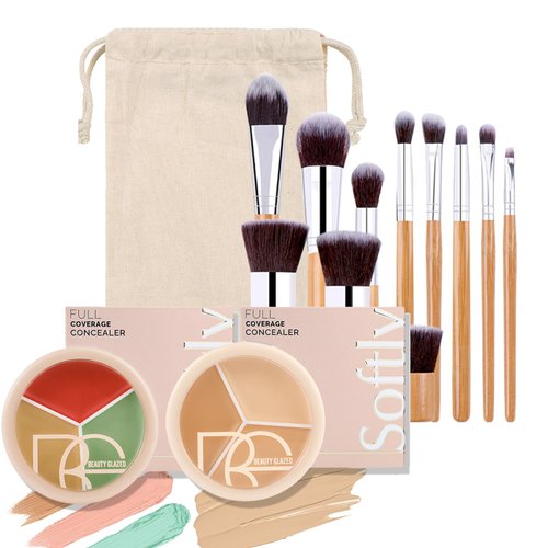 2 Pcs 3 Colors Cream Concealer Palette, FantasyDay Long Lasting Full Hydrating Coverage Conceals Corrects Foundation Camouflage Contour Kit for Correcting Dark Circles Acne Blemish + 11 Makeup Brush