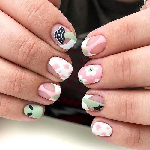 KKUUOO Press on Nails Short,Pink And White Flower Fake Nails Square False Nails with UFO Design Summer Cute Press on Nails Full Cover Glue on Nails Matte Artificial Nails Stick on Nails for Women