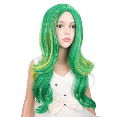 WAVELNM Kids Green Wig Child Green Mixed Yellow Wavy Curly Long Wig Girls Middle Part Synthetic Long Wigs with Wig Cap