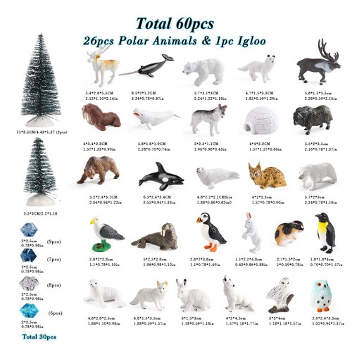 SIENON 60Pcs Arctic Animal Toy Set Includes 27Pcs Mini Polar Animal Figurines with Polar Bear, Penguin, Caribou, Snowy Owl, 3Pcs Model Pine Trees, 30Pcs Fake Ice Rocks for School Project Cake Toppers